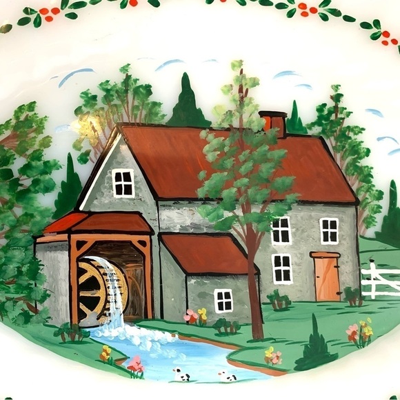Hand-painted Milk Glass Oval Platter Old Mill Scene 13” x 10” - Picture 2 of 8